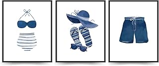 PLKMK Summer Wall Art Decor Set of 3 - Navy Blue Swimwear Print, Beach Decorations for Home, Coastal Granddaughter Room De...