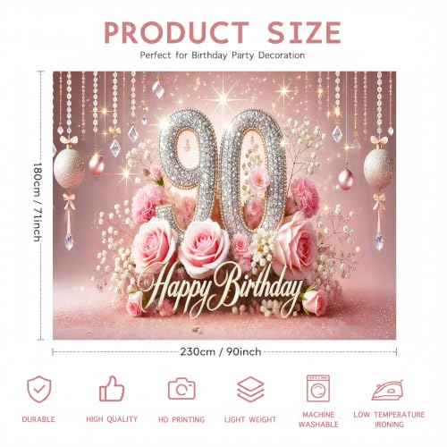 Image of Nuxovilar 90th Birthday Banner - Elegant Pink & Gold Floral Backdrop