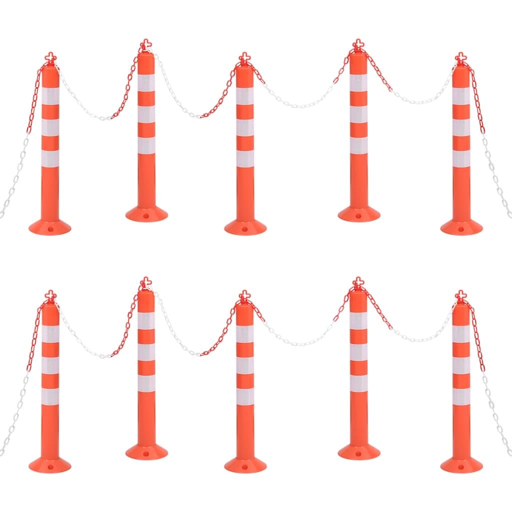 Słupki odgradzające 10 szt. zestaw, wysokość 75 cm, z łańcuchem 10 m, odblaskowe słupki do oznaczania przekierowania ruchu, słupki ostrzegawcze z PE