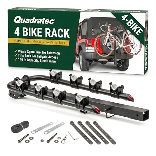 Quadratec 4 Bike Folding Bike Rack - Compatible with Any 2-Inch Receiver Hitch - Holds Up to 4 Bikes with a Combined Weight of 140 Lbs. - Tilt Back Feature - Thick Welded Steel Construction