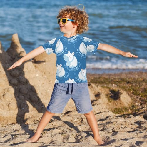 Boys Short Sleeve T-Shirts Hippo Blue Cartoon Animal Rashguard Kids Swim Shirts Sun UPF 50+4