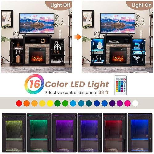 Tangkula Electric Fireplace TV Stand, Electric Fireplace Mantel with 16-Color Led Lights, Adjustable Glass Shelves, Remote & Smart APP Control, TV Console for Living Room (Black)