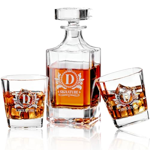 Aganmi Personalized Whiskey Decanter Set with 2 Glasses Laser Engraved Lead-Free Liquor Decanter Gift Set for Men 750ml Glass Bottle Gift Box Bar Accessories for Dad Husband Boss Grandpa Brother D