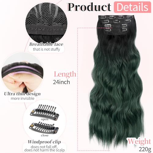 Image of KooKaStyle Wavy Thick Clip in Hair Extensions 24 inch Black to Green Ombre | 4 Pieces Clip in Extensions,Fiber Double Weft Hairpieces,Natural Volume,Beach Wave Long Synthetic Hairpieces for Women