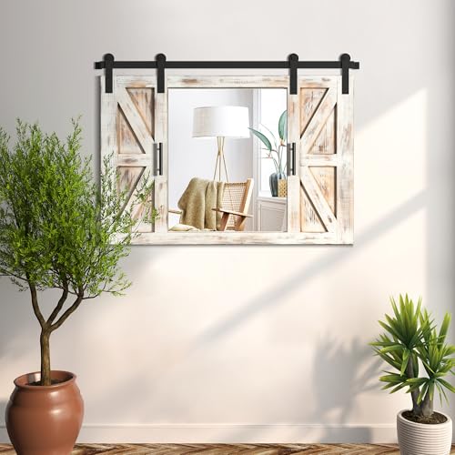 COGOOD Farmhouse Mirror 37 x 259 Rustic Wood Barn Door Mirror Wall Decor for Dining Room Bathroom Living Room Bedroom Decorative Rustic White