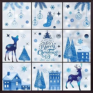 Adisno Christmas Window Stickers 9 Sheets, Snowflakes Reindeer, Christmas Tree, House Window Stickers Double-Sided Stickers for Glass, Door, Refrigerator, Mirrors, Party, Home Decorations