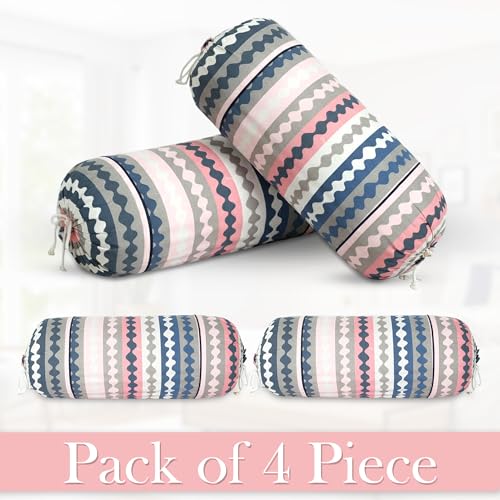 Image of GLUN Pack of 4 Zig Zag Multicolour Round Striped Bolster Pillow Covers, Size 16 inch x 30 inch (40 x 75 cm, Cream) Printed Polyester Silk Fabric for Living Room or Bedroom, Stylish & Modern Covers