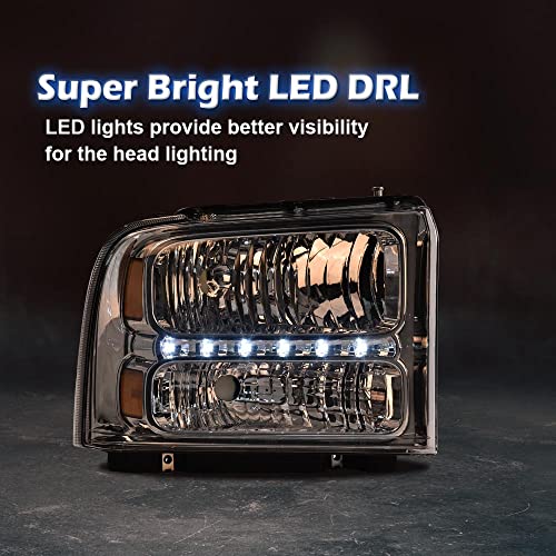 Image of GRAND ORANGE LED DRL Headlights Compatible with 2005 2006 2007 Ford F250 F350 F450 F550 Super Duty Fit 2005 Ford Excursion Clear lens Chrome Housing Amber Reflector