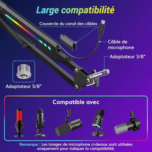 Bras de micro de gaming TONOR T20S avec éclairage RGB contrôlable par application