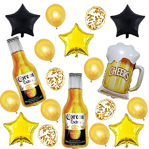 21 piezas de taza de cerveza Corona, suministros de fiesta temática, decoraciones de globos de fiesta de cumpleaños, película de aluminio corona cerveza, traje de globo de látex, globo pentagrama
