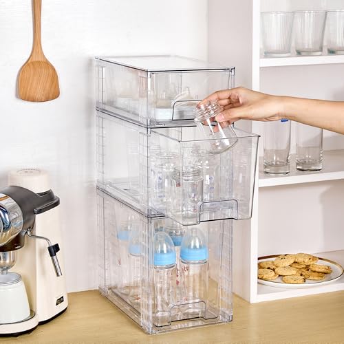 Image of Vtopmart 6 Pack Clear Stackable Storage Drawers,Easy to Assemble Bathroom Organizers and Storage with handles,Plastic Drawers for Kitchen Pantry,Cabinet,Under Sink Organization
