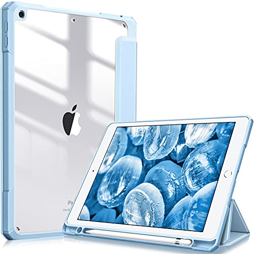 Fintie Hybrid Slim Case for iPad 9th / 8th / 7th Generation (2021/ 2020 / 2019) 10.2 inch - [Built-in Pencil Holder] Shockproof Cover with Clear Transparent Back Shell, Auto Wake Sleep, Sky Blue