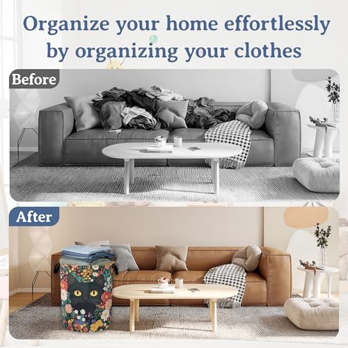 Image of Cute Funny Black Cat Laundry Basket,Oxford Cloth Flower Laundry Hamper With Handle Foldable Portable Clothes Storage Basket for Laundry Room /Bedroom /Bathroom 20.8 inchx16 inch
