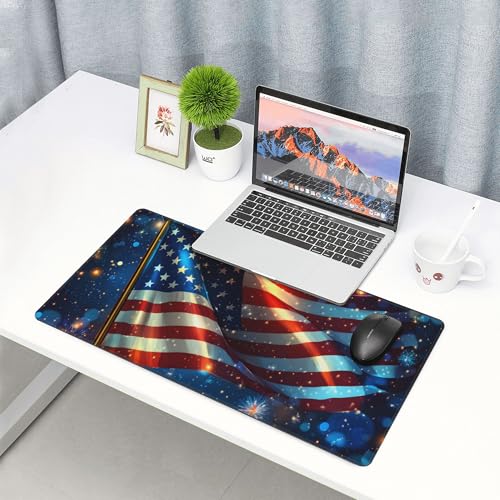 Image of Fireworks American Flag Extended Gaming Mouse Pad, with Stitched Edges Large Mouse Pad Desk Protector, Rubber Base Mousepad Keyboard Mouses Mat for Work Game Office Home- 32 inch X 12 inch Inch,E709