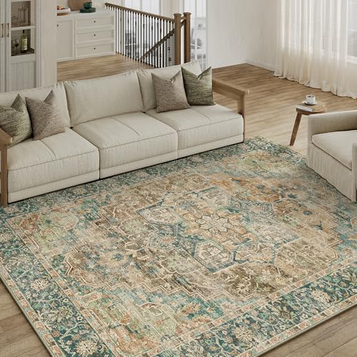 6x9 Washable Area Rug Vintage Distressed Living Room Bedroom Carpet Rust Blue Non Slip Soft Low Pile Traditional Throw Rug for Indoor Dining Room Office Dorm Decor