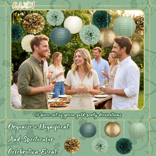 Image of KAXIXI 15-Pack Sage Green Party Decorations, Paper Lanterns & Pom Poms
