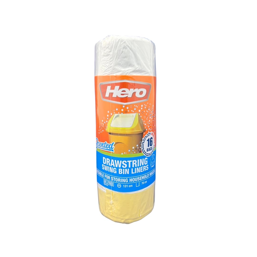 Hero Swing Scented Drawstring Bin Bags 60L – Roll of 16 Bags | Eco-Friendly Rubbish Bags | Strong, Tear-Resistant & Odour-Controlled | Fresh Fragrance Kitchen Bin Liners