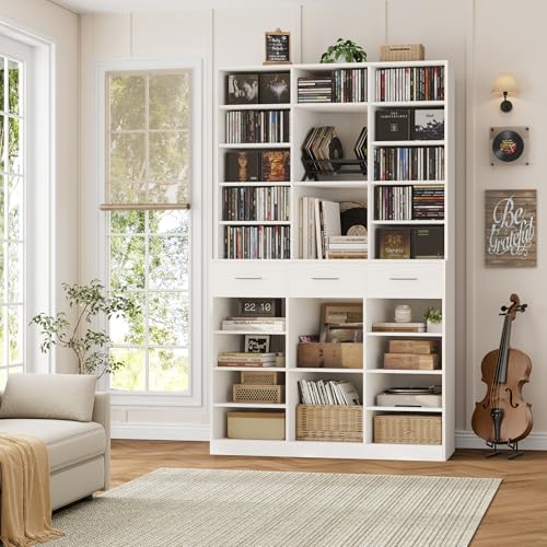 HOSTACK 75" Tall Book Shelf and Bookcase, 47" Wide Bookshelf with Drawers, Modern 9 Tier Bookcase with Storage, Large Wood Display Cabinet with Adjustable Shelves for Living Room, Home Office, White