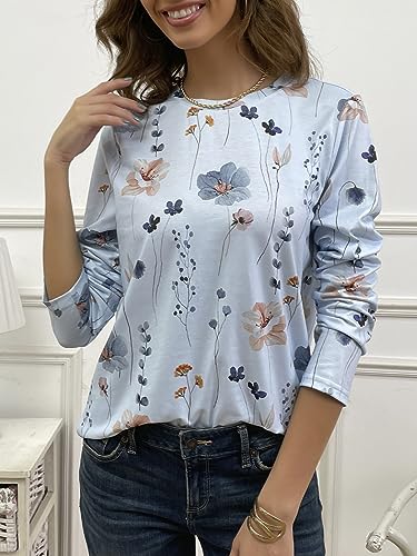 JUSTFASHIONNOW Womens Long Sleeve Tops Casual Shirts for Women Summer Flower Printed T Shirt Crewneck Floral Tee2