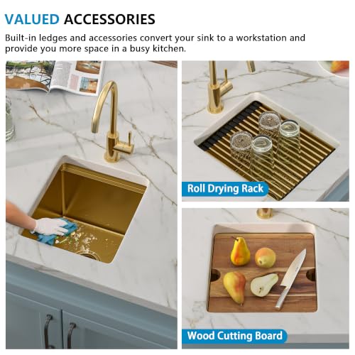 Image of 13 inchx15 inch Gold Bar Prep Sink Undermount Workstation | Brushed Gold NANO-PVD 16 Gauge T304 Stainless Steel Single Bowl Under Counter Basin for RV Kitchen Wet Bar Prep Station
