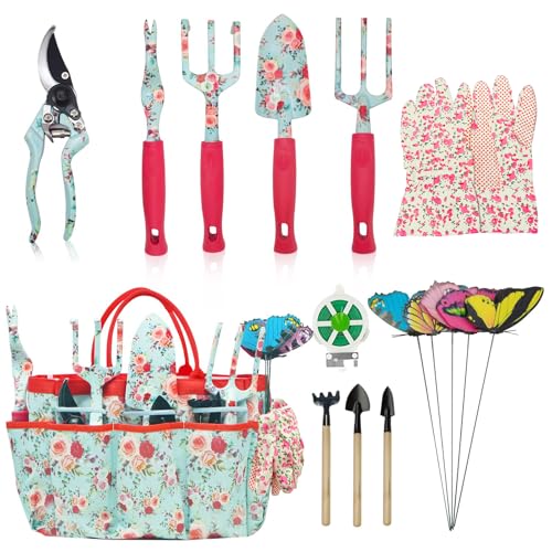 Juego de Herramientas de Jardinería 16 Pcs,Kits de Regalo de Herramientas Manuales de Jardín FloralRegalos de Jardinería para Mujeres y Hombres, con Tijeras de Podar y Bolsa de Almacenamiento