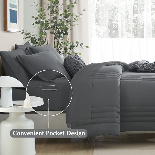 Monbix Super King Plus Size Comforter Set - 7 Pieces Bright Gray Bed in a Bag Super King Plus Bedding Sets with Comforters, All Seasons Comforter Bed Set with Sheets,Pillowcases & Shams — view 4