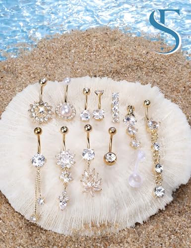 FIBO STEEL 14G Belly Button Rings Dangle 316L Stainless Steel Belly Rings for Women Navel Piercing Jewelry 12 Pcs4