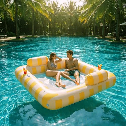 Image of Float Joy Lake Floats for Adults Pool Floaties for 2 Person 75 inch x 67 inch Giant Pool Lounger Water Hammock Inflatable Pool Hammock Floating Island with Cup Holders