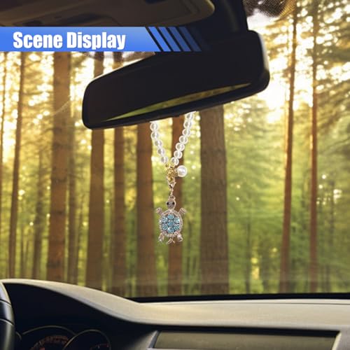 DEAELF Bling Turtle Car Hanging Ornament, Sparkling Rhinestone Pearl Car Rear View Mirror Charm, Double-Sided Funny Vehicle Interior Pendant Decoration Accessories for Most Cars (Blue)