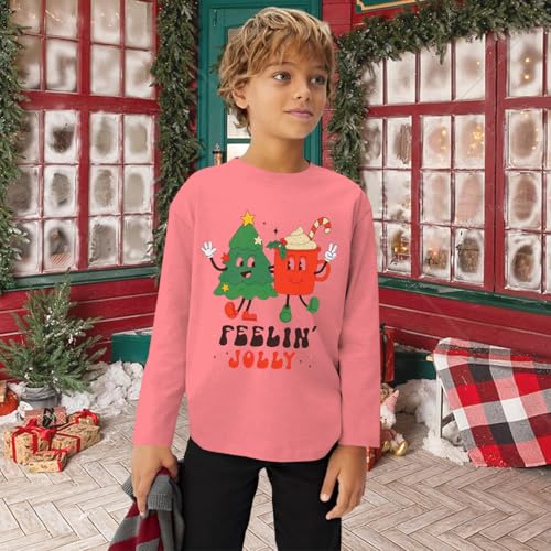 Image of Kids Christmas Shirts Girls Boys Feelin Jolly Long Sleeve T-Shirts Xmas Tree Hot Cocoa Graphic Tee Holiday Fall Tops