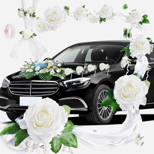 ASelected Decoração de carro, casamento, com ventosas, para casamento, inclui 9 cachos de flores de seda, decoração de carro, casamento, receção, cerimónia