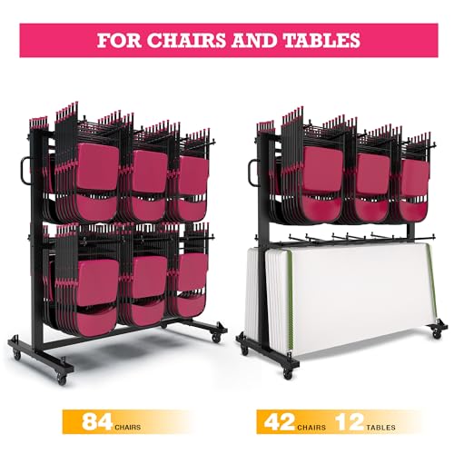 Folding Chair Rack Cart - Storage Dolly With Wheels, Heavy Duty Holder for 84 Chairs or 12 Tables of 900 LBS Capacity - Includes Outdoor Cover