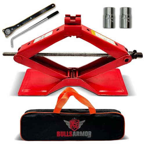 BullsArmor Scissor Jack Kit - 2 Ton (4,400 lbs) - Extra Wide Base - Universal Car Tool Kit with...