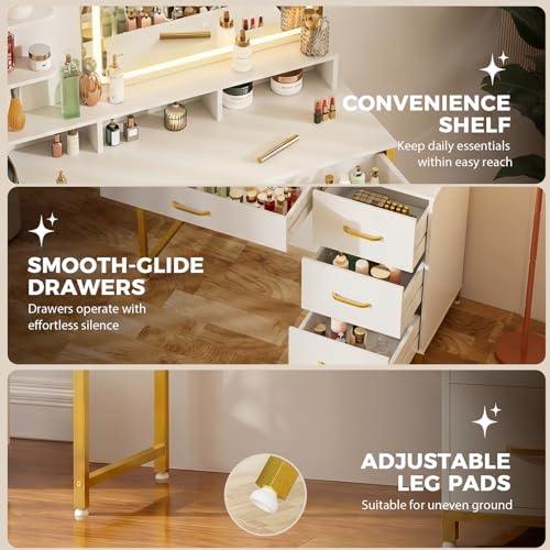 Image of LUCKRACER Vanity Desk with LED Lights Mirror, Makeup Vanity with Storage Drawers and Shelves, Modern Dressing Table for Women Girls Bedroom, Ivory White