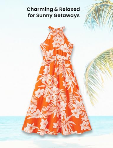 Image of PATPAT Family Hawaiian Matching Outfits - Mommy and Me Vacation Outfits | Halter Sundresses and Button Down Shirts,Caribbean Vacation Summer Tropical Outfits,Hawaiian Boho Tropical Floral Printed