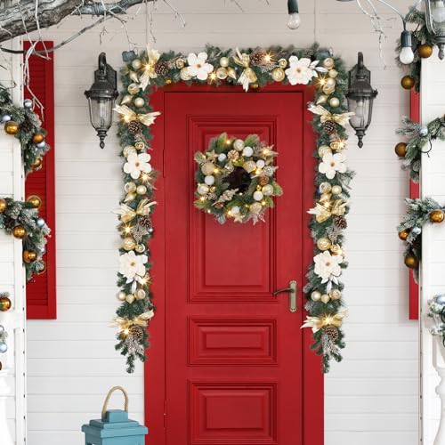 GarveeHome 6ft Christmas Garland with Lights for Mantle, Lighted Battery Operated Christma Garland with Gold Balls Pine Cones Magnolia Flowers for Table Centerpiece Fireplace Window Outdoor Decor