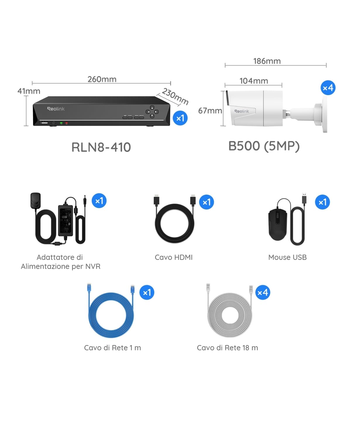 Reolink 5MP PoE Kit Videosorveglianza Esterno, 4K NVR 8CH 2TB + 4x 5MP Telecamera, Rilevamento di Uomo/Veicolo, Visione Notturna IR, Impermeabile IP67, Registrazione 24/7, RLK8-410B4-5MP (Bianco)