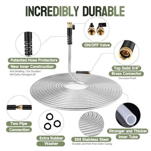 Wabolay Metal Garden Hose 50 ft Stainless Steel Water Hose Heavy Duty with 10 Way Nozzle-Flexible Lightweight Durable No Kink & Tangle Hoses Pipe Strong 3/4’’ Solid Brass Fitting for Outdoor Yard