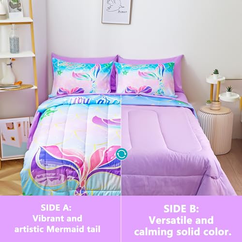 Image of Purple Mermaid Queen Bedding - Kids Comforter Sets for Girls, 7-Piece Soft Set with Matching Sheets and Pillow Sham