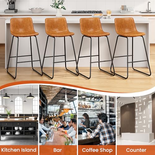 Image of REONEY Bar Stools Set of 4, 26 inch PU Leather Counter Height Barstool, Brown