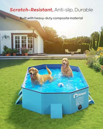 Image of Peteast Dog Pool for Large Dogs, Foldable Hard Plastic, 71 x 39 x 12 in | Extra Large Collapsible Pet Bath Tub with Non-Slip Base for Indoor, Outdoor and Backyard Use, Blue