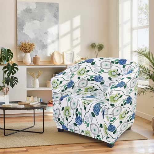 Image of SearchI Club Chair Slipcover Stretch Barrel Chair Covers Printed Tub Chair Slipcovers Soft Spandex Armchair Sofa Cover Removable Couch Furniture Protector for Living Room (Green Floral)