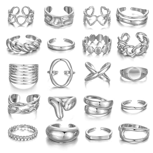 KISS WIFE Golden Rings for Women, Chunky Rings Set, Stackable Finger Ring Pack, Open Fashion Anillos Para Mujer Y2K Accessories Dripping-Paint Pearlized Finish Leaf Ring Stack Jewelry Gift (Silvery-20 Pcs Open)