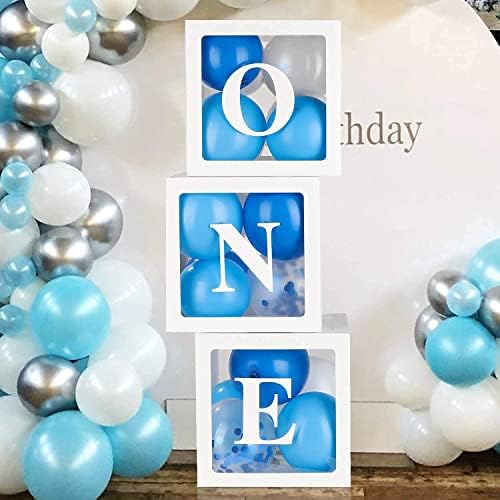 One Boxes for 1st Birthday Decorations Girls Boys, 3 Pcs White Transparent Birthday Balloon Box with Letters O N E for First Birthday Party Baby Shower Gender Reveal Photography Backdrop