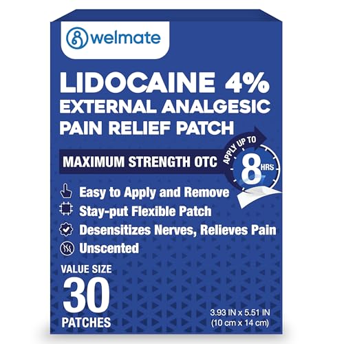 WELMATE - 4% Lidocaine Numbing Patch - Maximum Strength - Temporary Relief of Pain, Back, Neck, Shoulders, Knees, Elbows, Minor Skin Irritations - Topical Analgesic Unscented - 30 ct