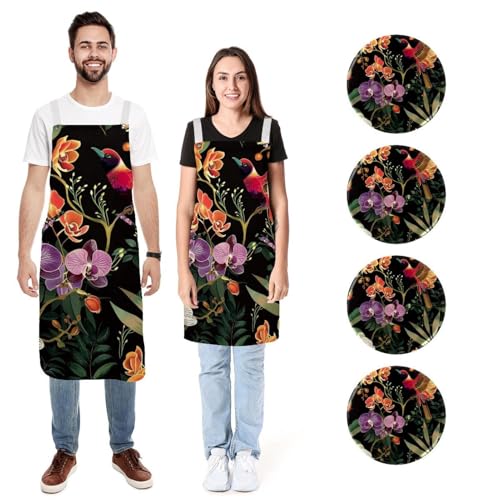 Tablier de cuisine oiseaux et orchidées bavoir réglable pour cuisiner à deux