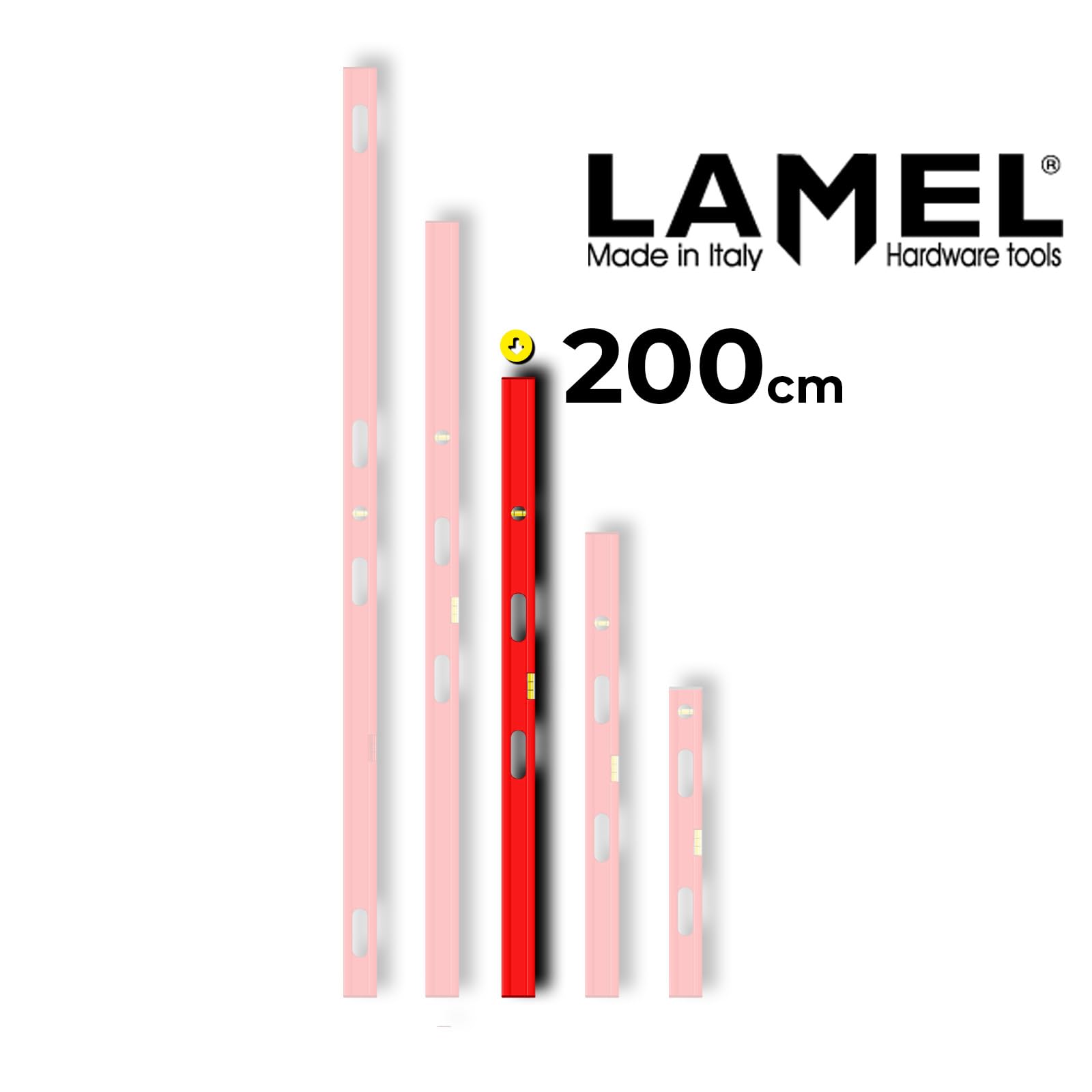 LAMEL Poziomica 200 cm, wyprodukowana we Włoszech, z 2 uchwytami, lakierowana, z 1 poziomnicą poziomą i 1 poziomnicą pionową.