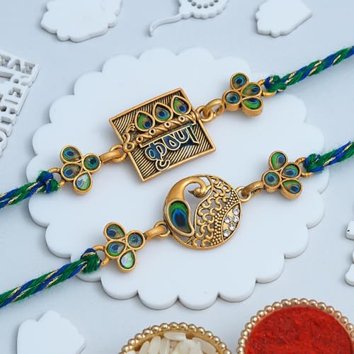 Image of eCraftIndia Beautiful Peacock Feather Lord Krishna Designer Rakhi Set of 2 | Rakhi for Brother Bhaiya Bhai with Best Bro Ever Fridge Magnet | Roli Chawal Pack