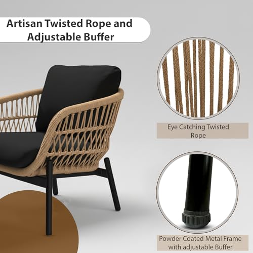 Image of Amazon Brand - Solimo Outdoor 4 Seater Sofa Set | Balcony Sofa | Patio Furniture Sets | Conversation Sets | Braid & Rope Garden 4 Seater Sofa Set with Center Table (Tan-Black)