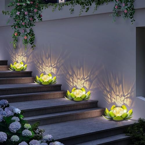Huaxu Solar Lights Outdoor Garden Decoration Crackle Globe Glass Waterproof LED Metal Green Lotus Flowers Gift for Mom,Women,Patio,Lawn,Walkway,Tabletop,Ground - image 6